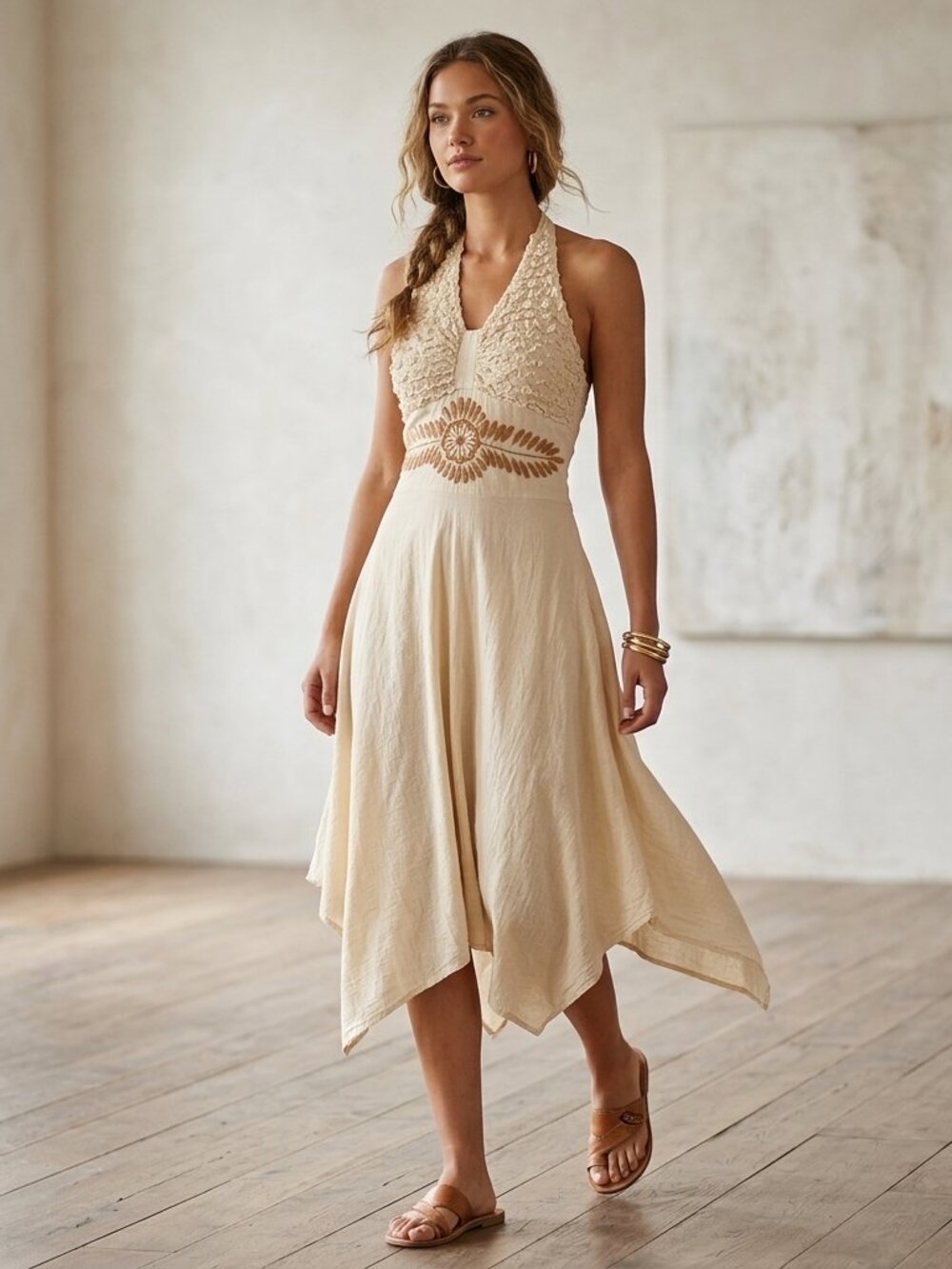 Handmade Mexican Embroidered Dress Cream Cotton Gauze Halter Midi